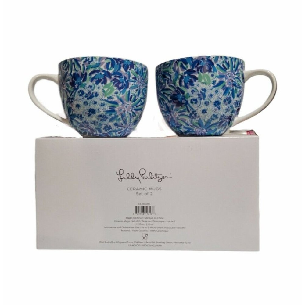 Lilly Pulitzer Hidden Lions Coffee Mug Floral Blue & Purple 12oz Set Tea Brunch